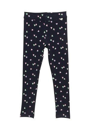 Navy Leggings mit einer gerippten Textur, die ein verstreutes Muster aus kleinen rosa, grünen und weißen Herzen aufweisen. Elastischer Bund.