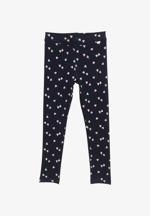 Marina leggings med ribbad textur, prydda med ett spritt mönster av små rosa, gröna och vita hjärtan. Elastisk midja.