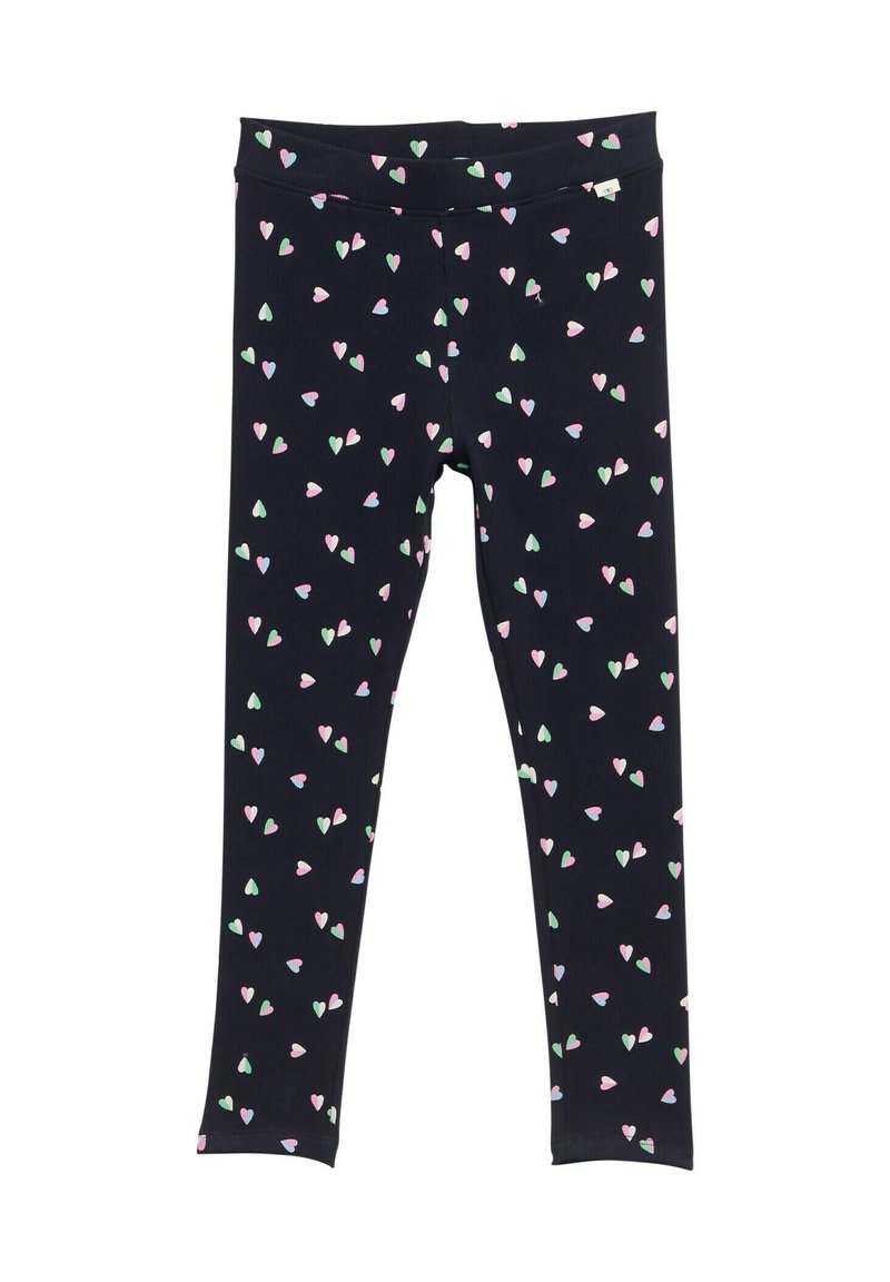 Leggings de color navy con una textura acanalada, con un patrón disperso de pequeños corazones en tonos rosa, verde y blanco por toda la prenda. Cintura elástica.