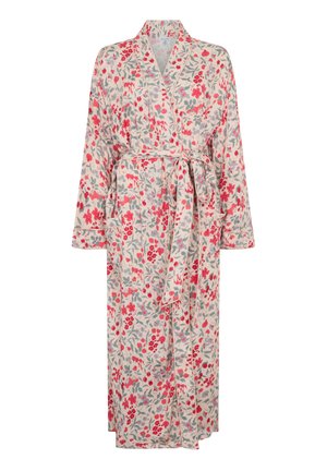 Floral print robe featuring red flowers on a beige background, long sleeves, a belt, and side pockets. Made of lightweight fabric.