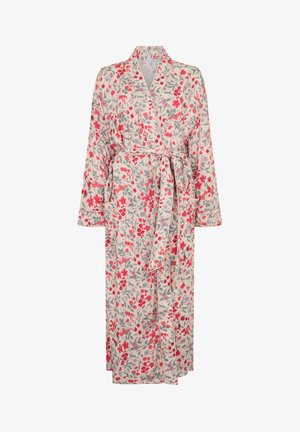 Floral print robe featuring red flowers on a beige background, long sleeves, a belt, and side pockets. Made of lightweight fabric.