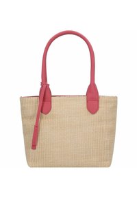 Bolso de paja con asas de cuero sintético rosa, forma rectangular, superficie texturizada y acentos de cuero contrastantes en la parte superior.