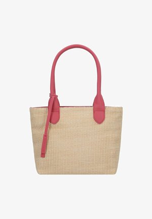 Bolso de paja con asas de cuero sintético rosa, forma rectangular, superficie texturizada y acentos de cuero contrastantes en la parte superior.