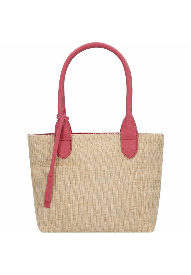 Bolso de paja con asas de cuero sintético rosa, forma rectangular, superficie texturizada y acentos de cuero contrastantes en la parte superior.