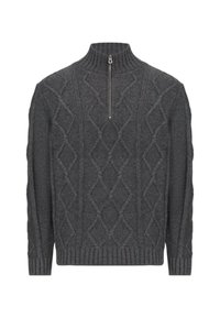 Maglione grigio lavorato a maglia con colletto alto e chiusura con zip. Presenta un motivo a diamante testurizzato e polsini e orlo a coste.
