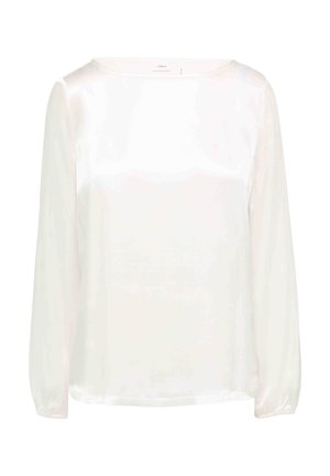 Weißes Satinbluse mit langen, leicht puffierten Ärmeln und rundem Ausschnitt. Glatte Textur mit einem einfachen, eleganten Design.