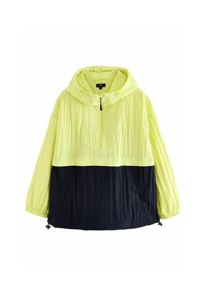 Veste coupe-vent légère en jaune fluo et bleu marine, dotée d'une fermeture éclair avant, d'une capuche réglable et de poignets élastiques. Tissu texturé, résistant à l'eau.