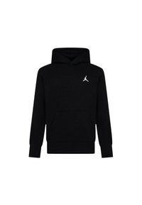 Felpa nera con cappuccio realizzata in un tessuto morbido, dotata di tasca a marsupio, polsini a coste e un logo bianco sul lato sinistro del petto. Design semplice e classico.