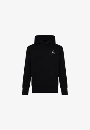 Felpa nera con cappuccio realizzata in un tessuto morbido, dotata di tasca a marsupio, polsini a coste e un logo bianco sul lato sinistro del petto. Design semplice e classico.