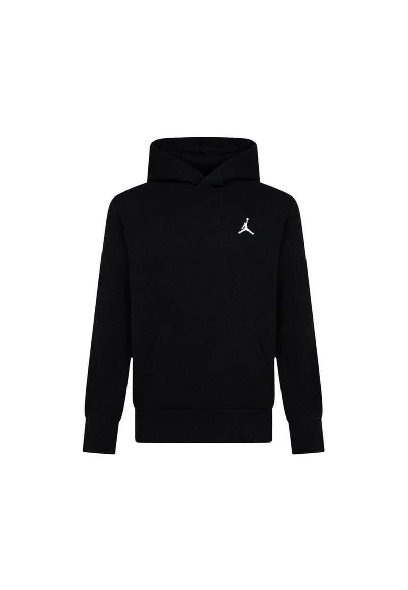Felpa nera con cappuccio realizzata in un tessuto morbido, dotata di tasca a marsupio, polsini a coste e un logo bianco sul lato sinistro del petto. Design semplice e classico.