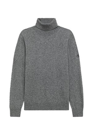 Maglione grigio a collo alto in maglia testurizzata con colletto e polsini a costine. Presenta un dettaglio a triangolo sulla manica sinistra. Silhouette classica.