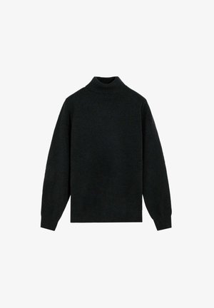 Jersey negro de cuello alto hecho de tela suave, con mangas largas y ligeramente sueltas, cuello y dobladillo acanalados, y una textura suave y uniforme.