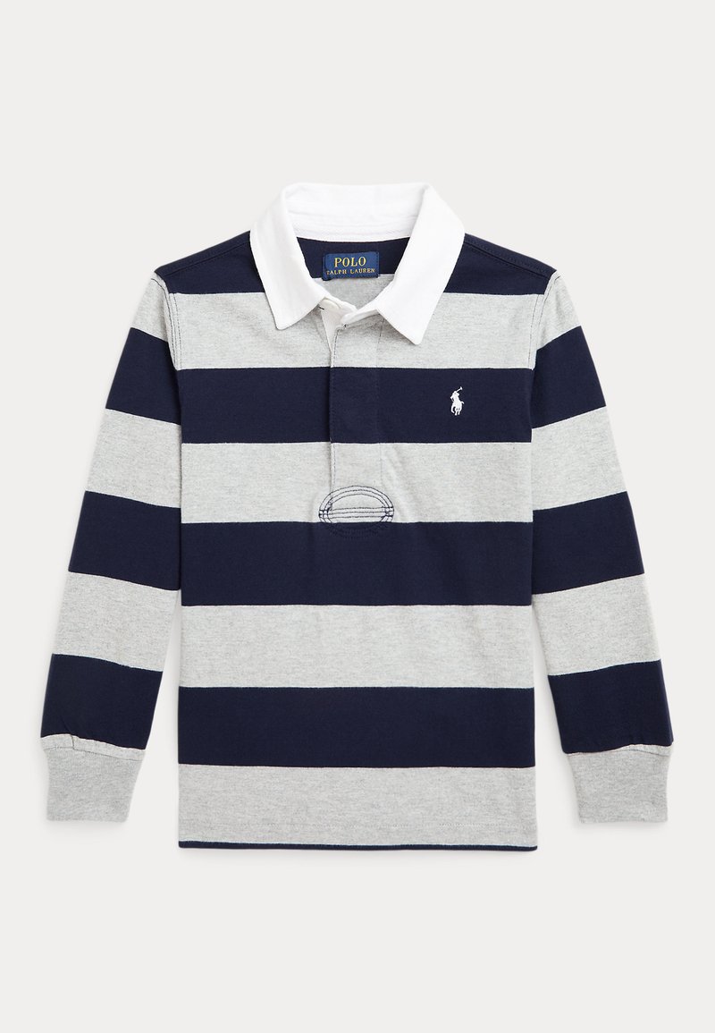 Langermet polo-skjorte med marineblå og grå horisontale striper, hvit krage og lite brodert logo på brystet. Laget av bomull.