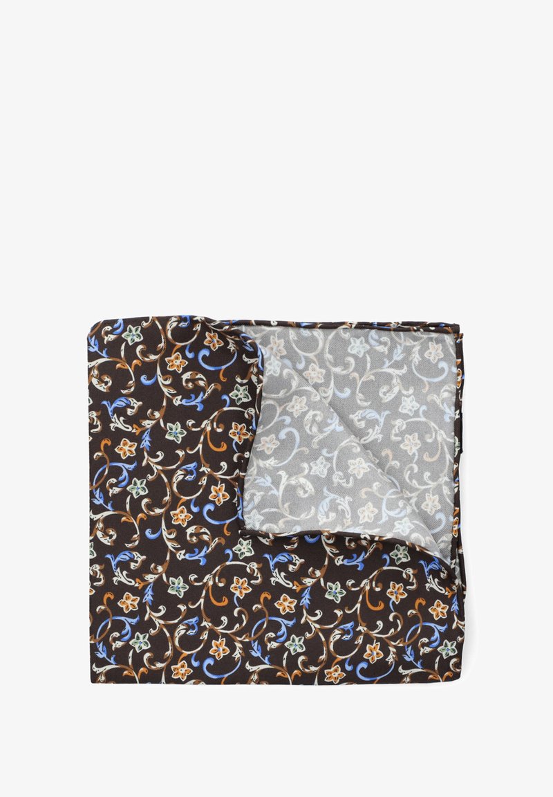 Kwadratowy kawałek tkaniny w kwiatowy wzór na ciemnobrązowym tle, z kolorowymi wirami i małymi kwiatkami; z tyłu jasnoszara, lekko teksturowana strona.