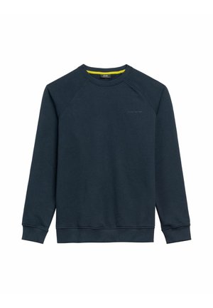 Granatowa bluza z bawełnianej mieszanki. Posiada wytrzymałe ściągacze przy mankietach i dekolcie, rękawy raglanowe oraz subtelne logo z przodu.