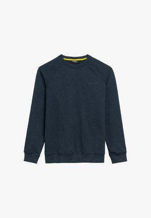 Granatowa bluza z bawełnianej mieszanki. Posiada wytrzymałe ściągacze przy mankietach i dekolcie, rękawy raglanowe oraz subtelne logo z przodu.