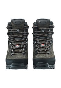 Braune Leder-Wanderschuhe mit schwarzen Gummisohlen, Metallösen und braunen Schnürsenkeln. Strukturiertes Obermaterial und langlebiges Design für den Außeneinsatz.