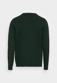Mörkgrön, långärmad tröja med rund halsringning, tillverkad av strukturerad tyg, med en ren finish utan dekorationer.