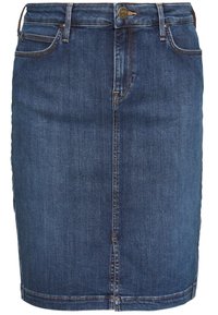 Jeanskjol i mörkblått med en figurnära design, fem fickor och kontrasterande sömmar. Har dragkedja och knappstängning i midjan.