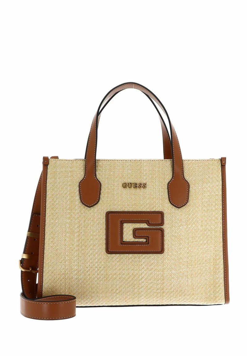 Sac tote en tissage tan et beige avec des accents synthétiques marron, arborant un grand logo "G" marron et des poignées supérieures doubles. Bandoulière réglable incluse.