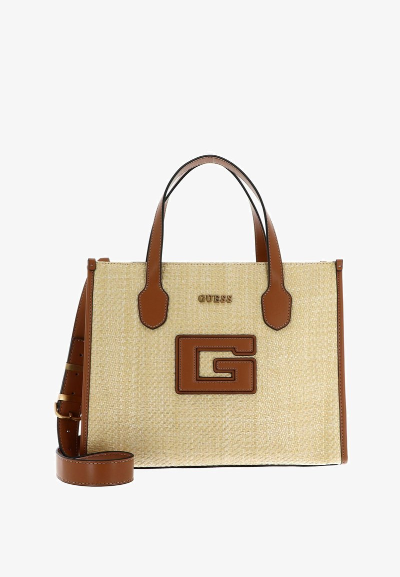 Sac tote en tissage tan et beige avec des accents synthétiques marron, arborant un grand logo "G" marron et des poignées supérieures doubles. Bandoulière réglable incluse.