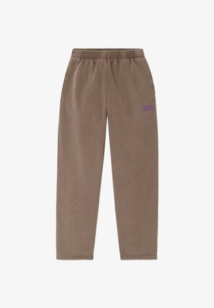 Brown, sweatpants with an elastic waist and a relaxed fit. Features a small purple logo on the left side; soft, textured material.