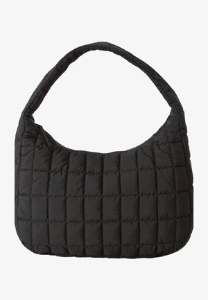 Borsa a tracolla nera trapuntata con forma arrotondata, trama imbottita e una singola tracolla. Presenta una chiusura con cerniera e motivo rettangolare.