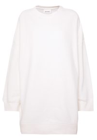 Sudadera blanca de gran tamaño hecha de tela suave, con cuello redondo, hombros caídos y puños acanalados. Sin patrones ni detalles visibles.