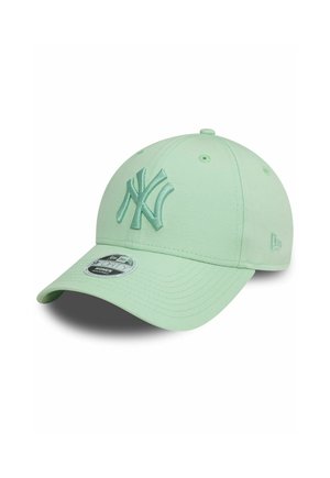 Mint green baseball cap made of fabric with an embroidered NY logo in the same color. Rounded crown and curved brim.