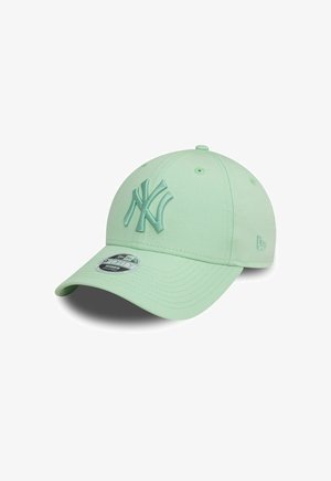 Mint green baseball cap made of fabric with an embroidered NY logo in the same color. Rounded crown and curved brim.