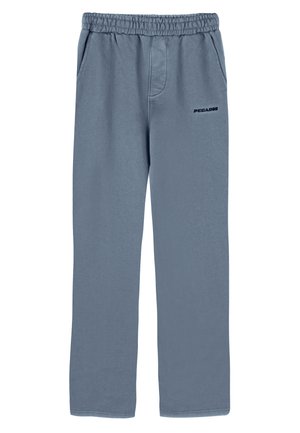 Sivé tepláky s elastickým pásom, bočnými vreckami a malým čiernym logom "PEGASI" na prednej strane. Mäkká tkanina s hladkou textúrou.