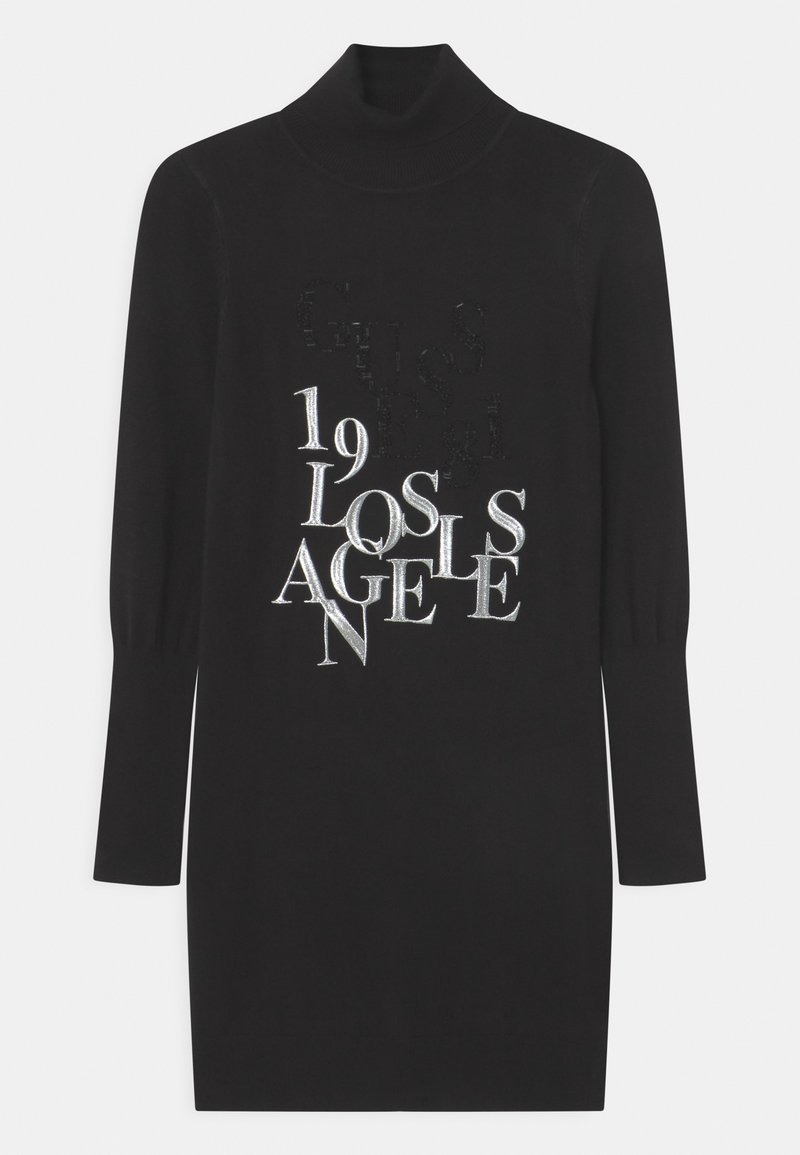 Robe noire à manches longues et col roulé avec texte blanc brodé "19 Los Angeles" dispersé sur la zone de la poitrine.