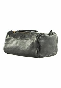 Borsa in pelle nera con una texture liscia, forma rettangolare, chiusura con zip superiore e doppie maniglie per un facile trasporto.