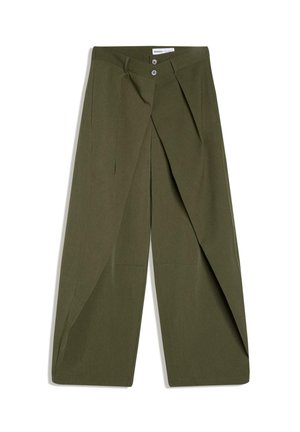 Olive green wide-leg trousers with a pleated front, two side pockets, and a button closure. Made from a textured fabric.