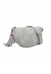 Graue Faux-Leder-Crossbody-Tasche mit runder Form, verstellbarem Tragegurt und dekorativem Quasten-Detail am Reißverschluss.