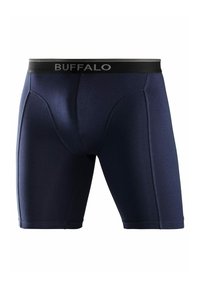Dunkelblaue Boxershorts mit einem schwarzen Bund, auf dem das Wort "BUFFALO" in Grau steht. Hergestellt aus einem glatten, dehnbaren Stoff mit einer figurbetonten Passform.