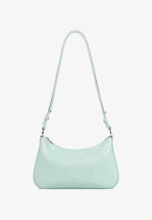 Sac à bandoulière en cuir bleu clair avec bandoulière réglable, quincaillerie argentée et petit logo embossé au centre avant.