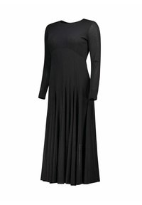Robe noire à manches longues avec un col rond, featuring des plis au niveau de la taille, fabriquée en tissu doux au toucher lisse.
