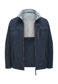 Marineblaue Jacke mit Reißverschluss, Stehkragen und zwei Brusttaschen; verfügt über ein helles Innenfutter und braune Akzente.