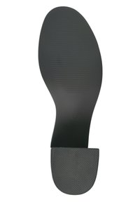 Suola nera con superficie texturizzata, con un'area del tallone liscia e la parte anteriore scanalata per una migliore aderenza. Design semplice e funzionale senza motivi.