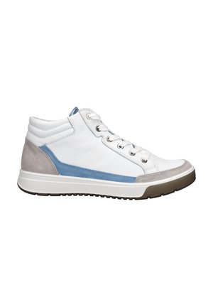 High-top sneaker made of white leather with light blue and gray suede accents. Features round toe, lace-up front, and textured sole.