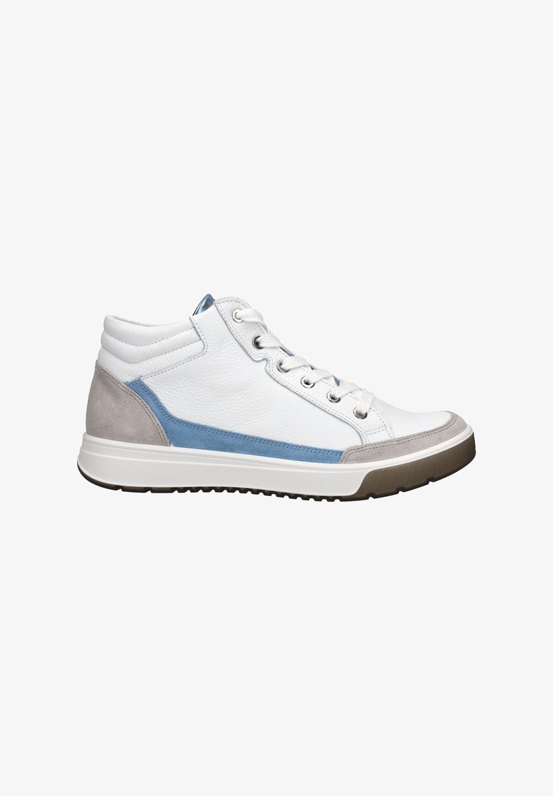High-top sneaker made of white leather with light blue and gray suede accents. Features round toe, lace-up front, and textured sole.