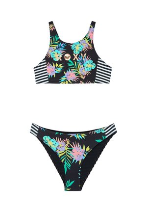 Dwuczęściowy czarny bikini z kolorowym tropikalnym kwiatowym wzorem, paskami w paski po bokach oraz złotym logo "ROXY" na górnej części.
