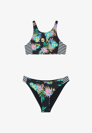 Zweiteiliger schwarzer Bikini mit farbenfrohem tropischem Blumenmuster, gestreiften Seitenpaneelen und "ROXY"-Logo in Gold auf dem Oberteil.