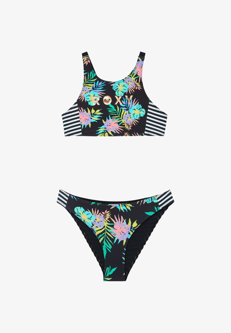 Zweiteiliger schwarzer Bikini mit farbenfrohem tropischem Blumenmuster, gestreiften Seitenpaneelen und "ROXY"-Logo in Gold auf dem Oberteil.
