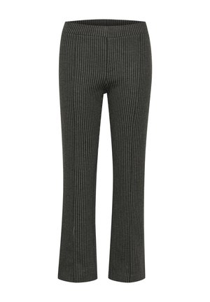 Mørkeblå leggings med et stribet mønster, flad talje og en let udvidet kant, lavet af et blødt, strækbart materiale.