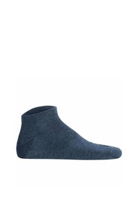 Dunkelblaue Knöchelsocken aus einem weichen, elastischen Stoff; mit geripptem Schaft und verstärkter Zehenpartie; glatte Textur, ohne Muster oder Akzente.