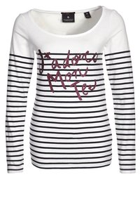 Pitkähihainen, valko-musta raitapaita, jossa on pyöreä pääntie ja burgundinvärinen grafiikkateksti "J'adore Mon Tee". Pehmeää puuvillakangasta.