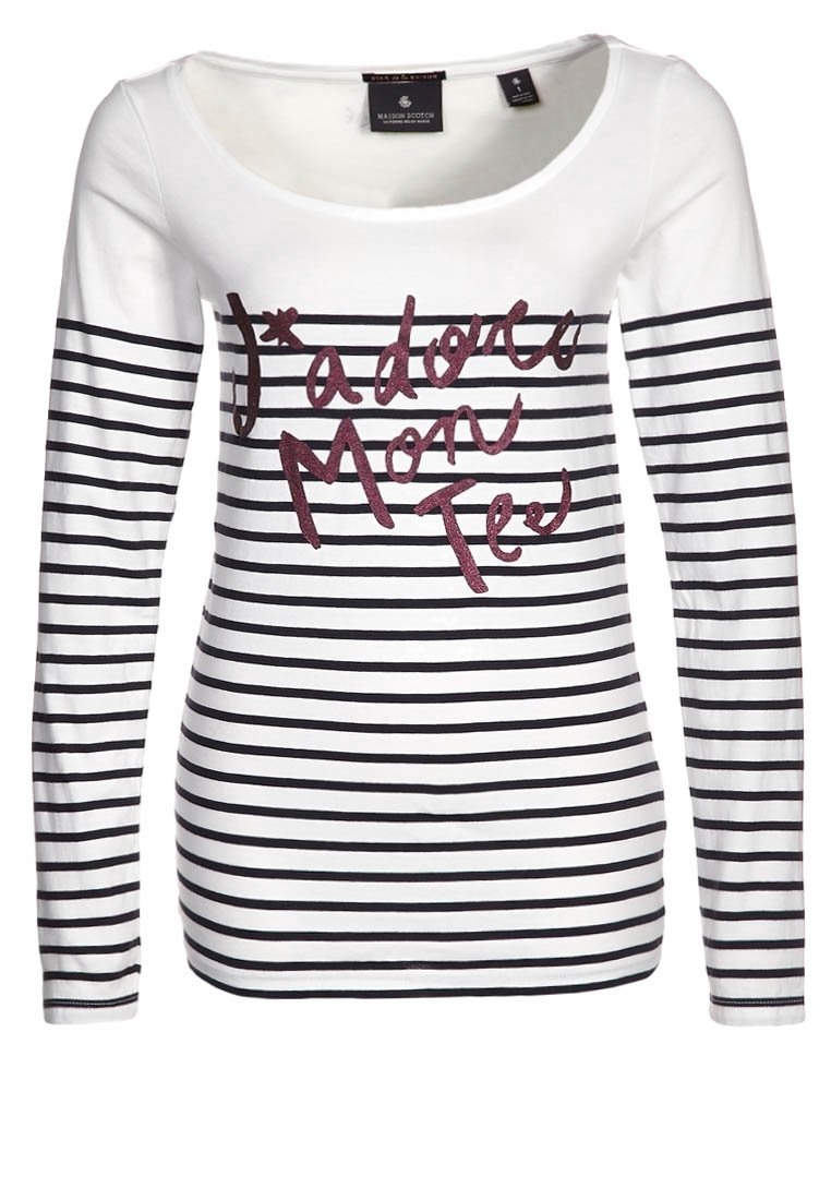 Pitkähihainen, valko-musta raitapaita, jossa on pyöreä pääntie ja burgundinvärinen grafiikkateksti "J'adore Mon Tee". Pehmeää puuvillakangasta.