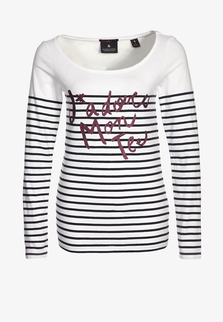Pitkähihainen, valko-musta raitapaita, jossa on pyöreä pääntie ja burgundinvärinen grafiikkateksti "J'adore Mon Tee". Pehmeää puuvillakangasta.